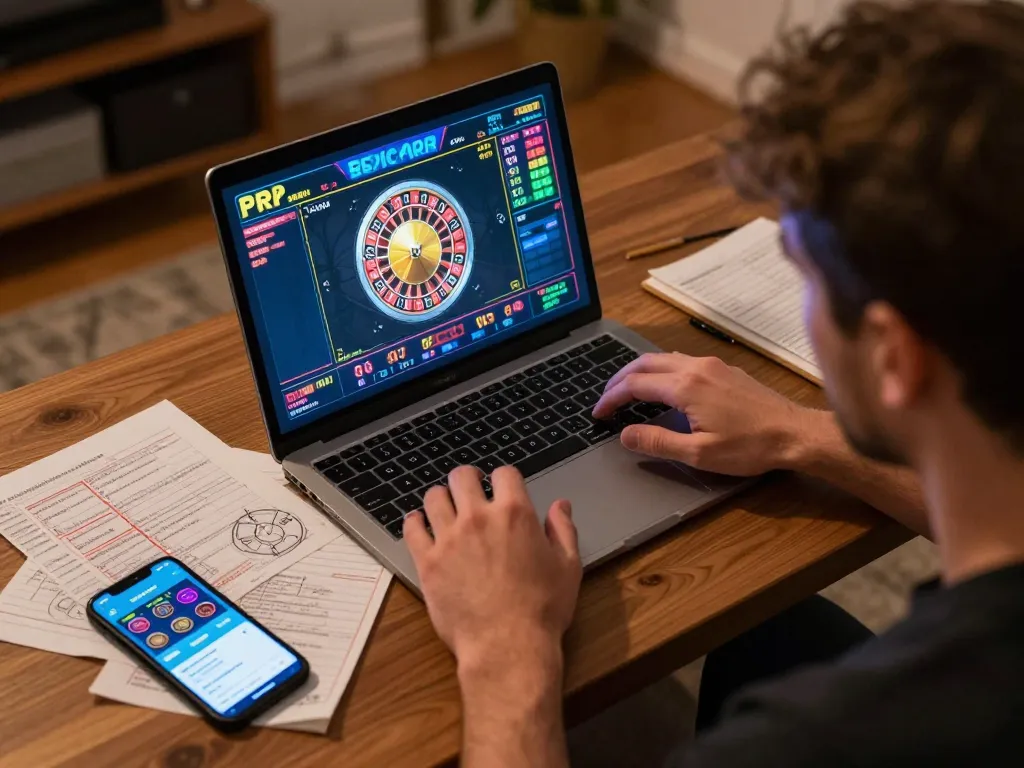 Engaged player at home using RR88 platform for live dealer roulette, showcasing online gaming excitement.