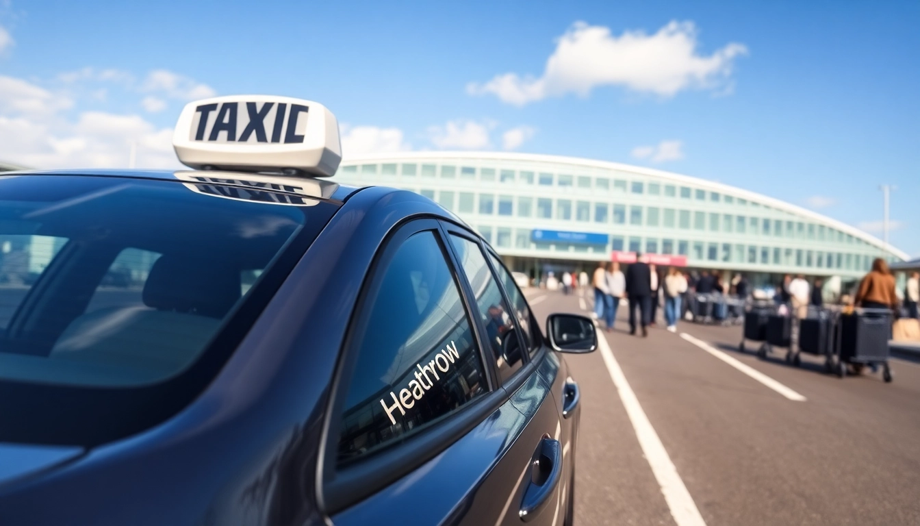 Taxi waiting at Heathrow Airport, ready for passengers with luggage in the background.