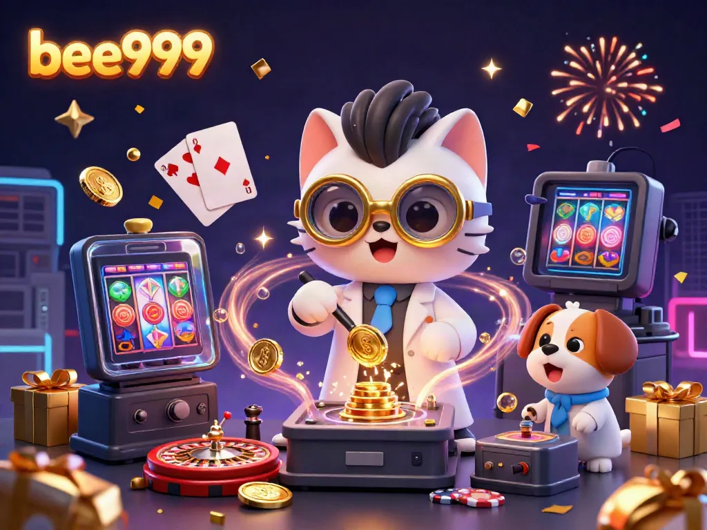Enjoy the thrilling casino atmosphere at bee999 with mad scientist cat and dog amid golden coins.