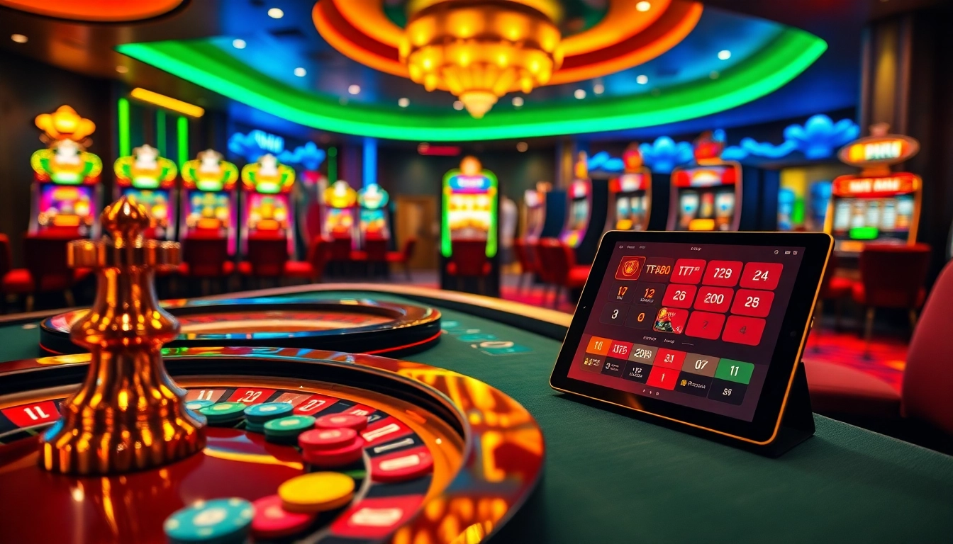 Engage in thrilling casino gameplay at TT88 with vibrant slot machines and poker chips.