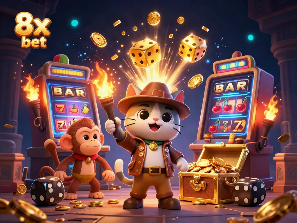 Experience the thrill of 8x bet in a vibrant 3D illustration with casino prizes and joyous characters.