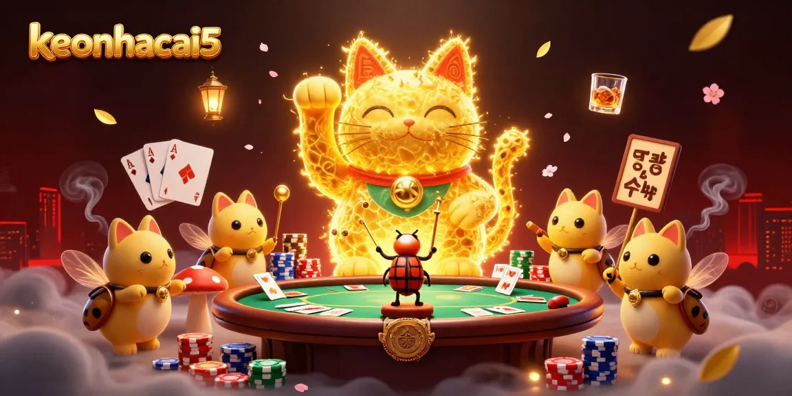 Engage in thrilling gameplay with keonhacai5 amidst poker elements, luxurious effects, and a stunning backdrop.