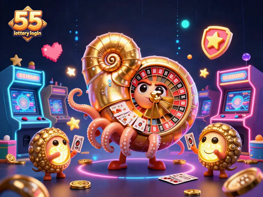 Join the thrill of 55 lottery login with a vibrant 3D casino scene featuring a golden nautilus roulette wheel.