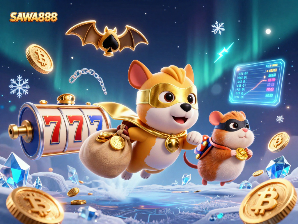 Engage with SAWA888, where the superhero dog soars above a vibrant casino world, symbolizing winning opportunities.