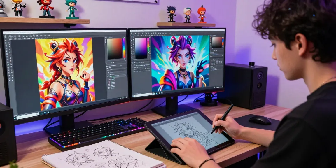 Creative digital artist designing NSFW AI imagery in a vibrant studio with dual monitors and art tools.