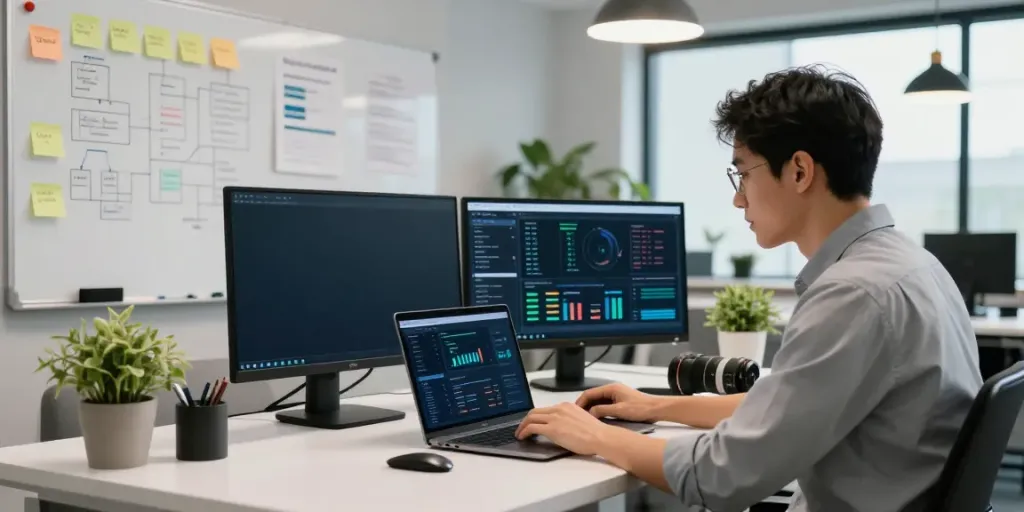 Focused SEO specialist analyzing instant indexing strategies in a vibrant digital marketing workspace.