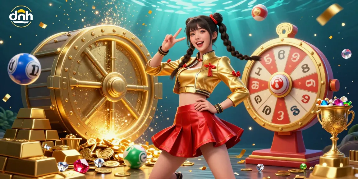 Experience the vibrant excitement of dnh casino with a stunning Asian woman amidst colorful lottery elements.