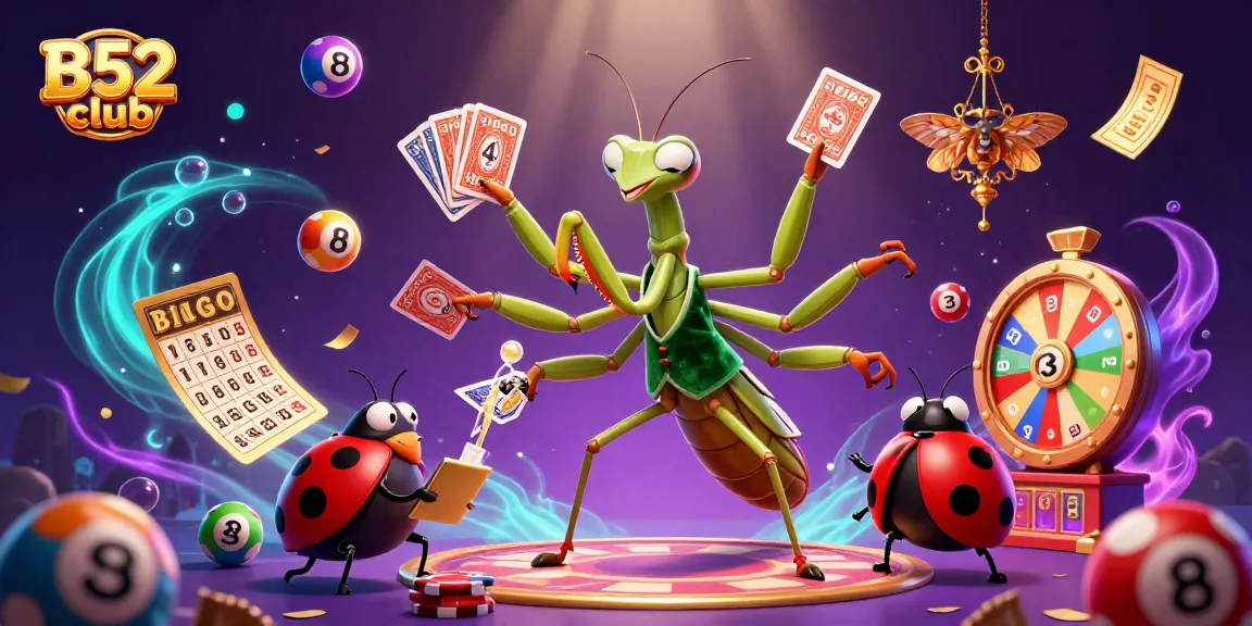 B52 club engages players with vibrant lottery balls, a card sharp, and a pit boss in a casino scene.