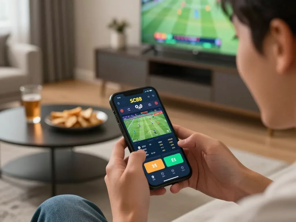 An individual engaging in sports betting on SC88 app in a cozy living room with snacks.