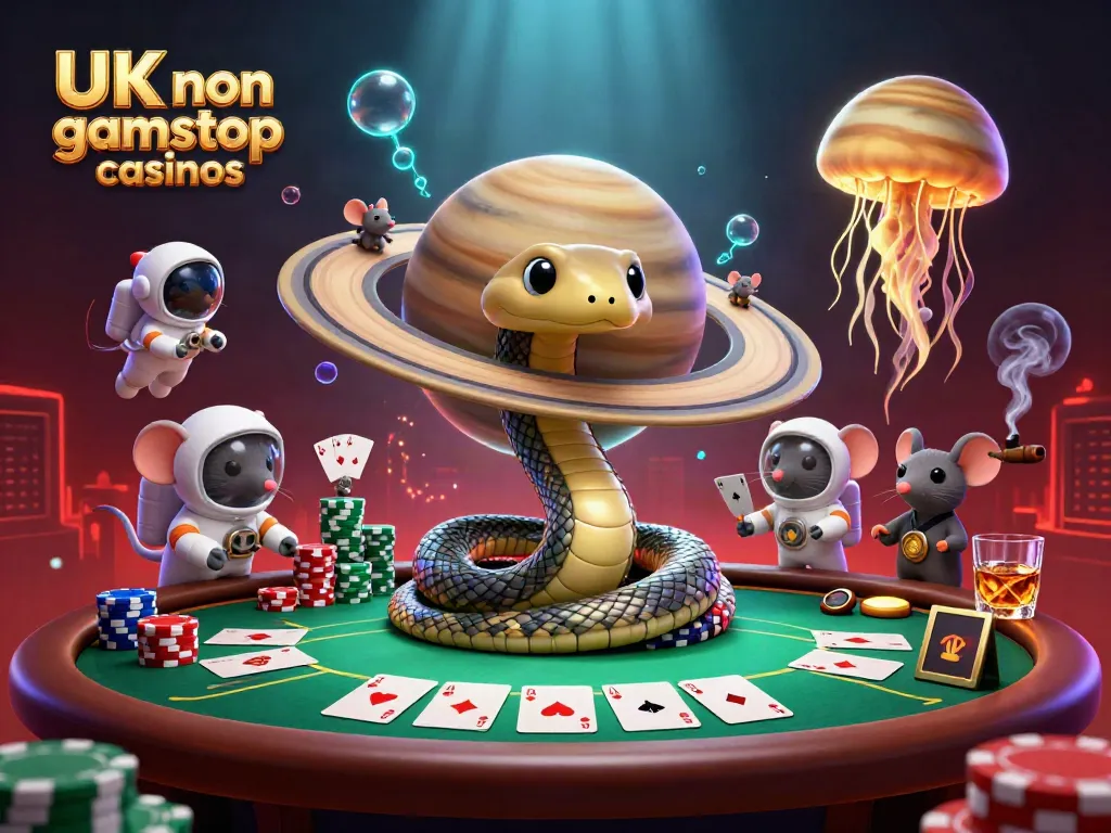 Betting at UK non gamstop casinos with playful astronaut mice and glowing cosmic elements.