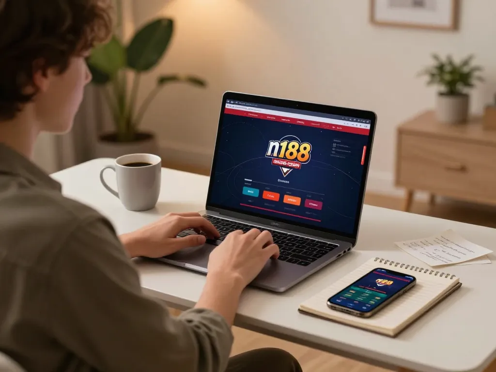 An engaged gamer using n188's online poker interface on a laptop, surrounded by notes and a smartphone, showcasing responsible gambling.