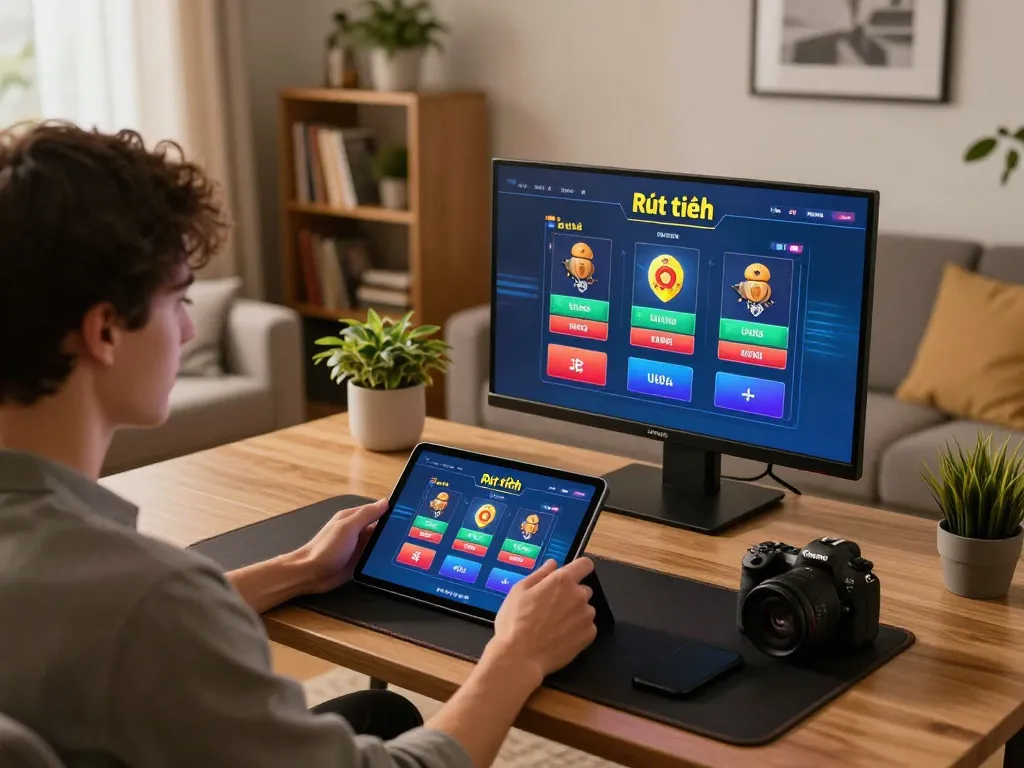 Rút tiền UU88 process displayed on a tablet in a cozy home gaming setup.