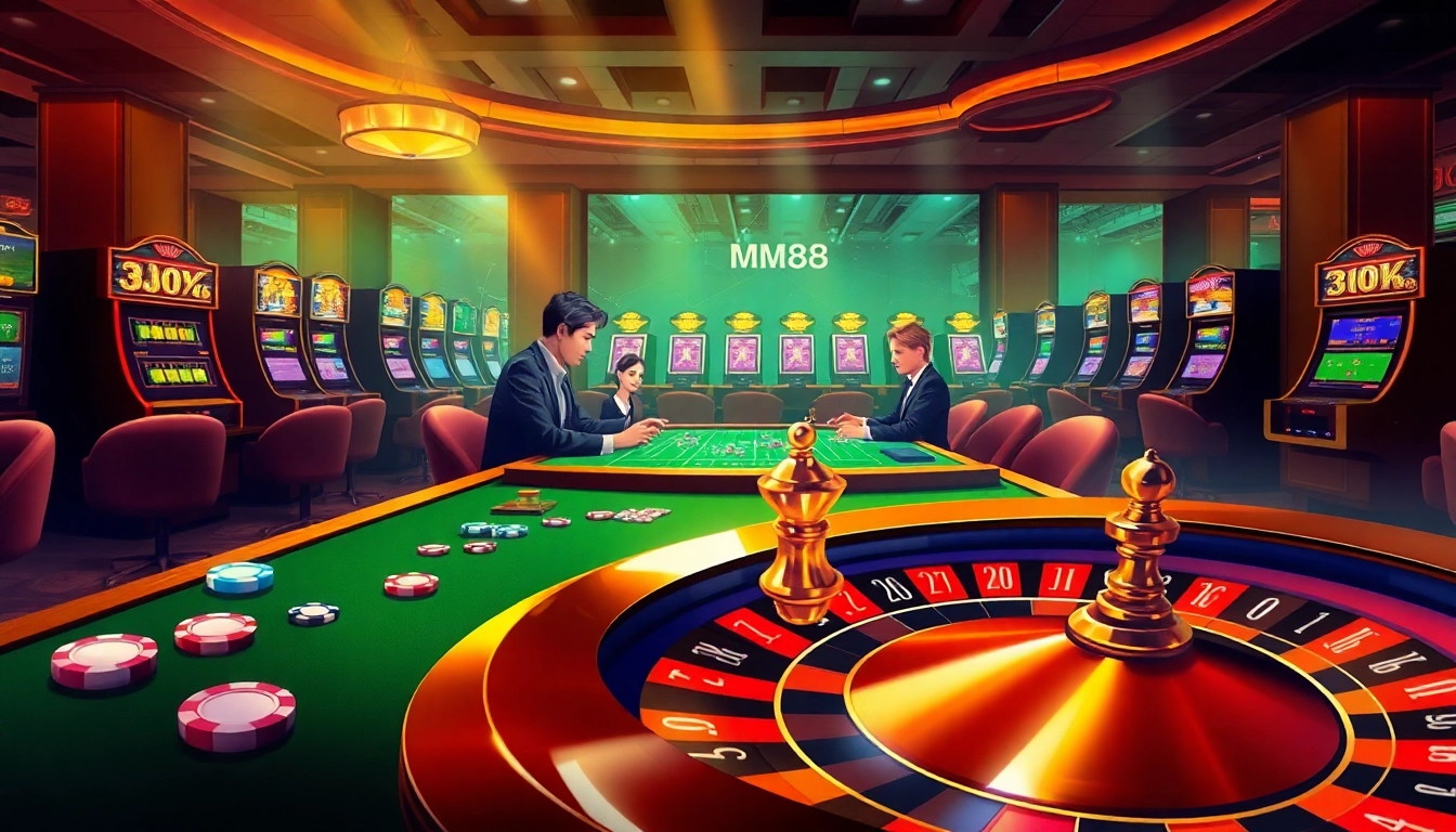 MM88 players strategizing during a thrilling poker game amidst vibrant casino elements.