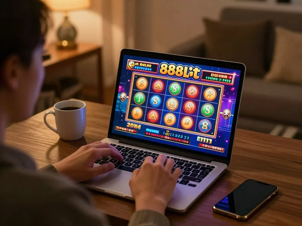 Engaging in 888slot online gaming challenge from a cozy home setting, showcasing strategic gameplay.
