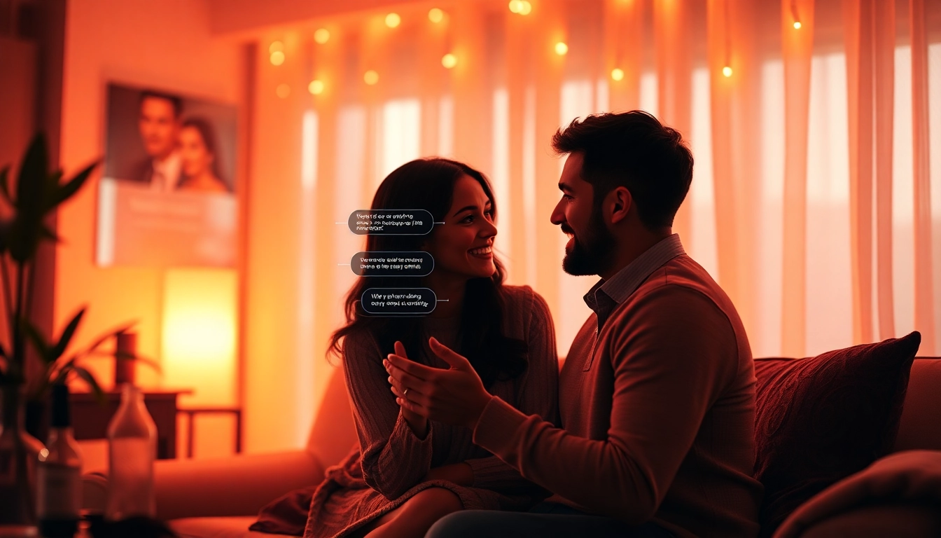 Engaging couple using sex AI chatbot in a cozy setting, illustrating technology-enhanced intimacy.