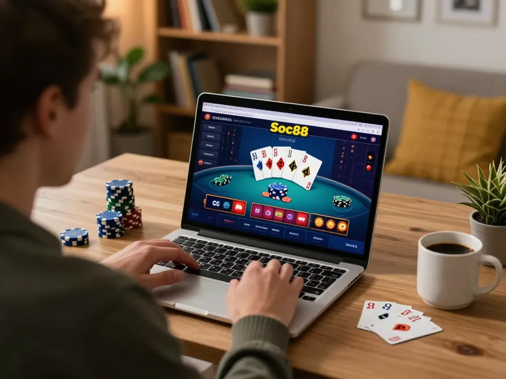 Player engaging with Soc88 online casino platform displaying poker action in a cozy home office