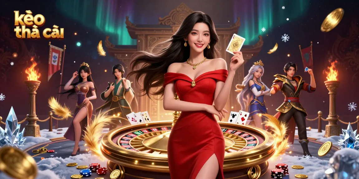 A stunning illustration of kèo nhà cái with a beautiful Asian woman holding a golden card beside a roulette wheel.