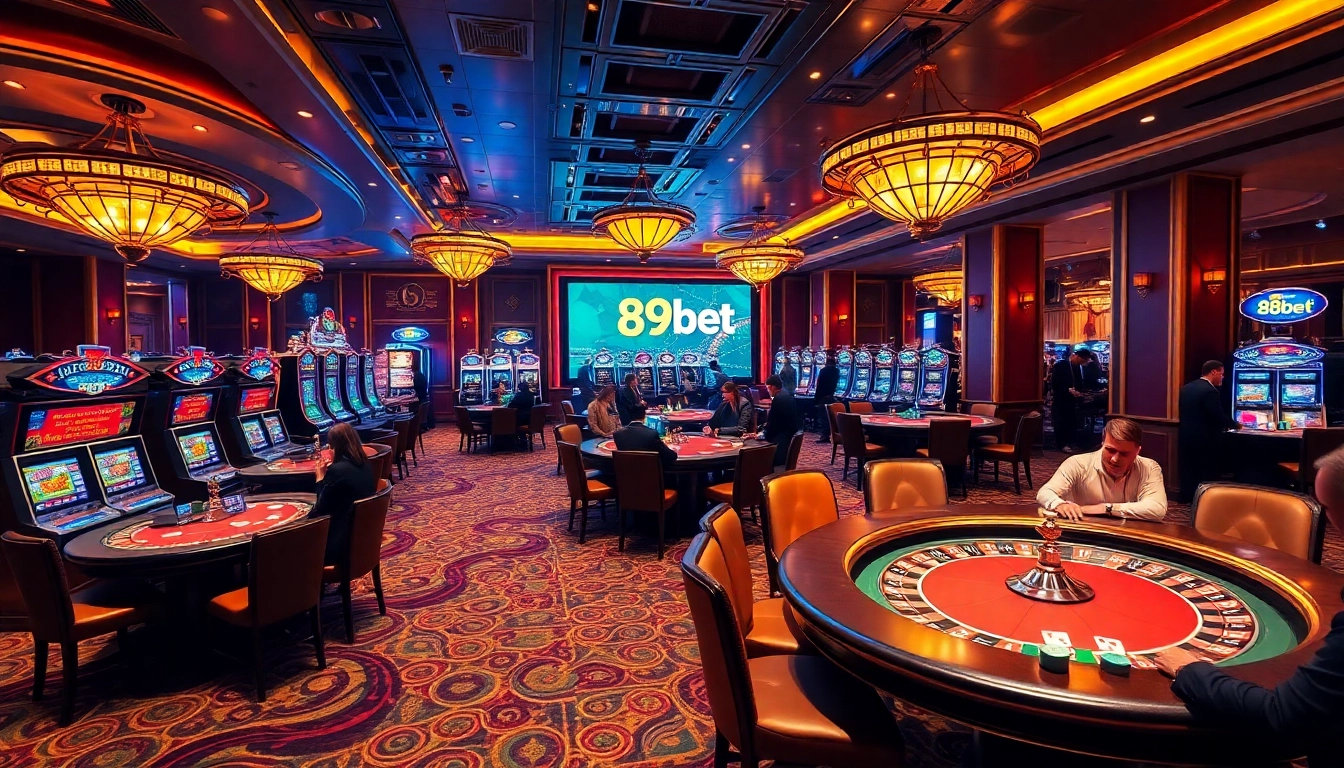 Engage in thrilling gaming at 89bet casino, featuring vibrant tables, poker chips, and excitement.