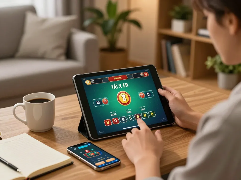 Engaging in online tài xỉu gameplay at home, tracking bets while consulting notes.