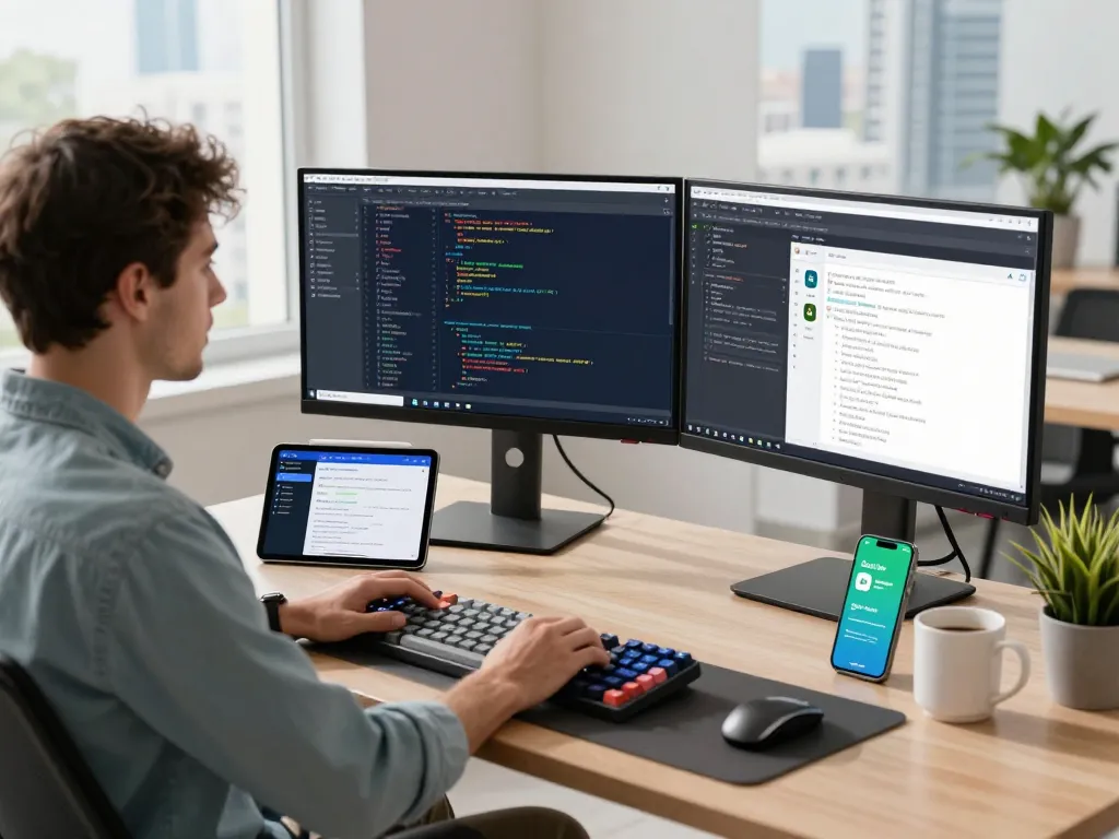 Developer utilizing Open Claw software in a modern workspace with dual monitors, promoting efficient coding and collaboration.