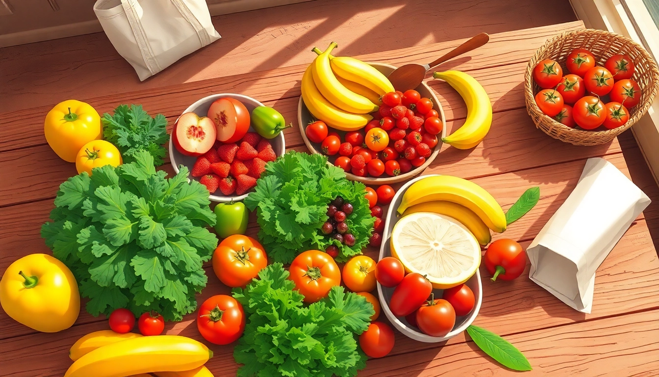 Vibrant display of healthy food choices including fresh fruits and vegetables.