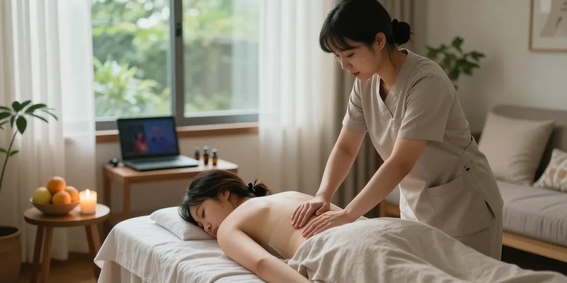 Relaxing at-home massage session reflecting 철산동출장안마 services, with a therapist using essential oils.