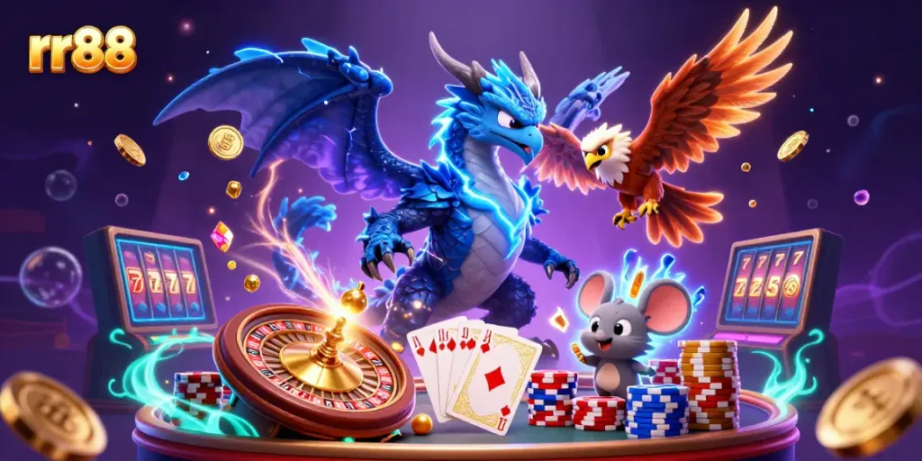 Experience the thrilling action of rr88 with an electrifying dragon and casino games in a dynamic 3D scene.