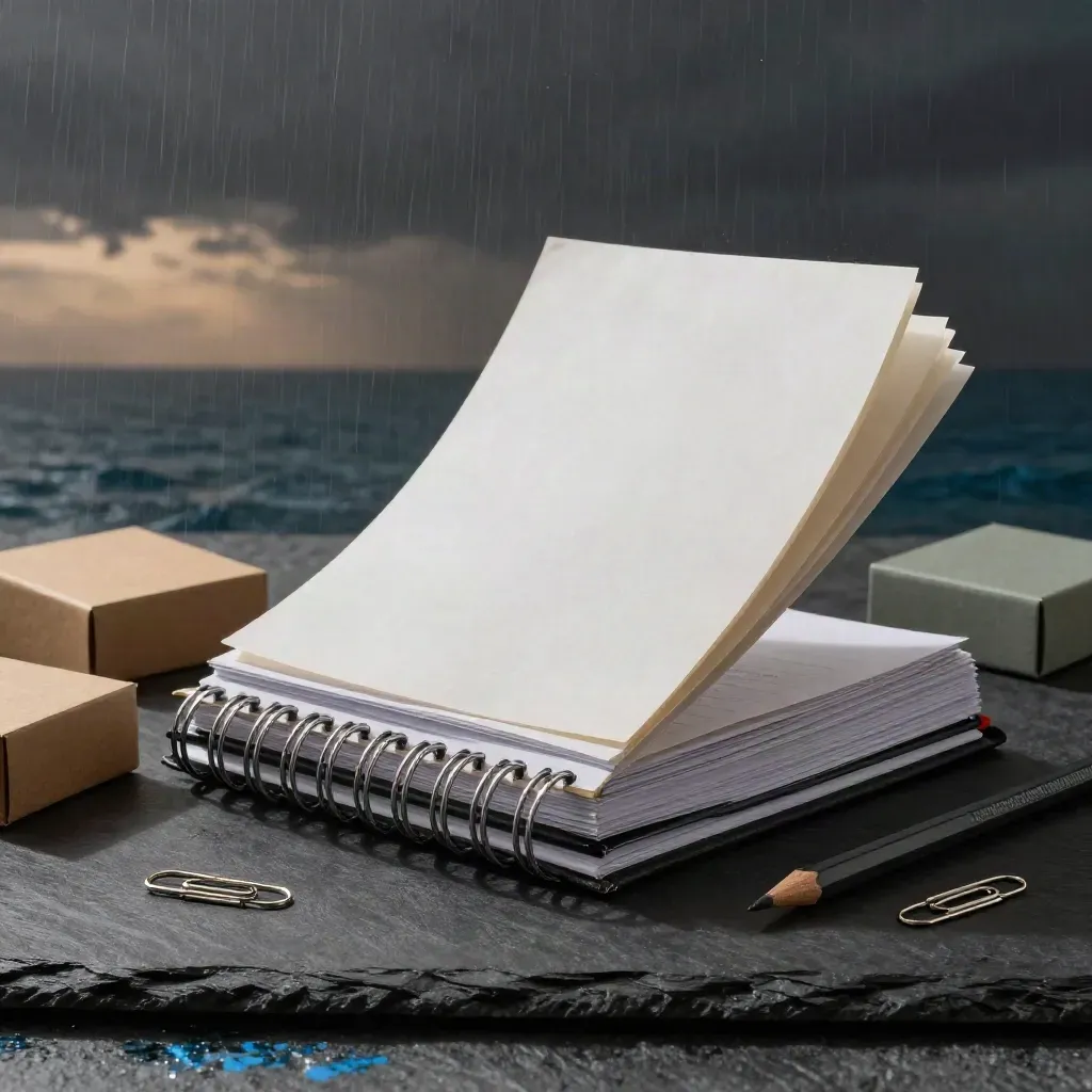 Open lesson binder, blank worksheet pages, card boxes and pencil on slate with rain-lit drama.