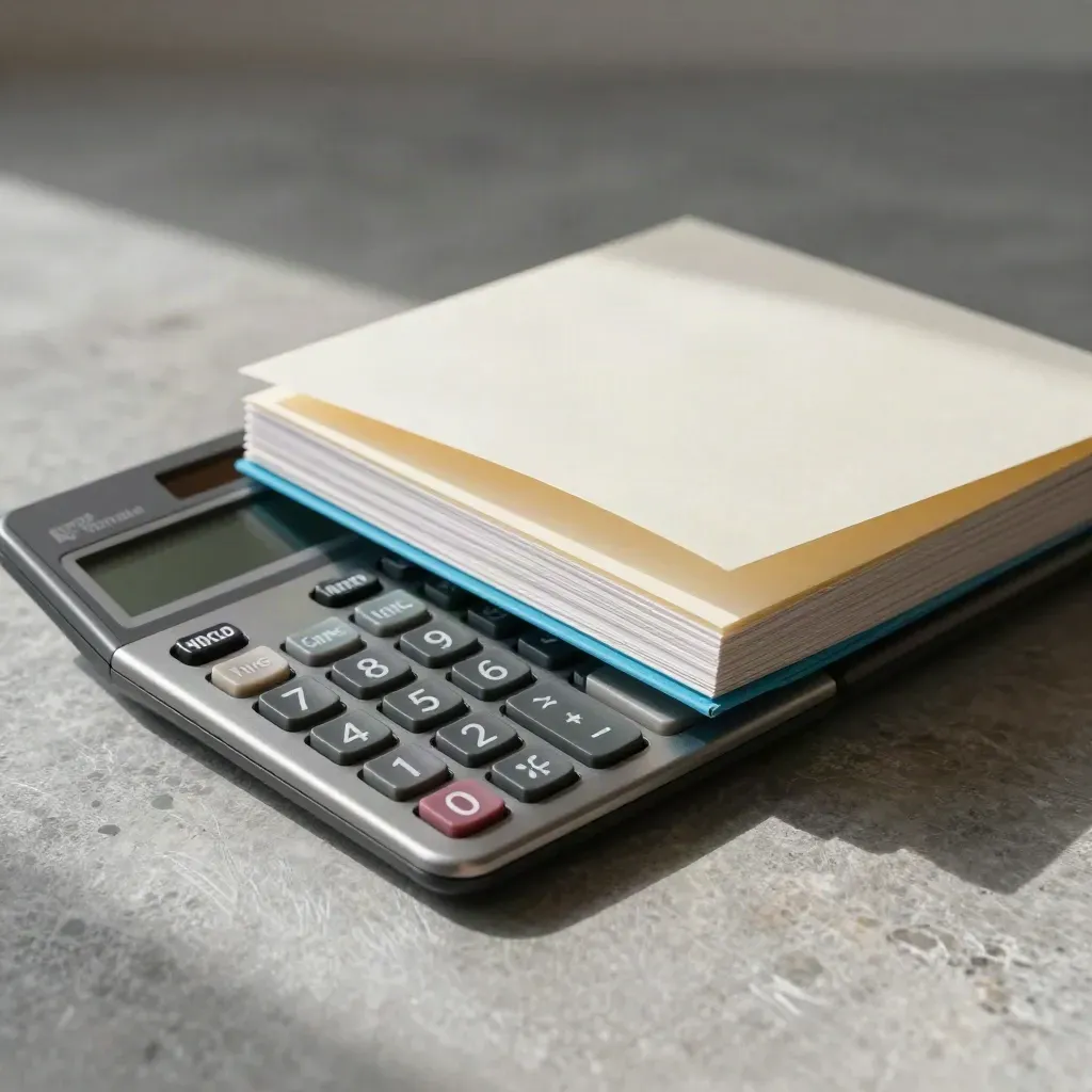 Calculator, transparent tabs, and open folder of sheets on a brushed stone surface