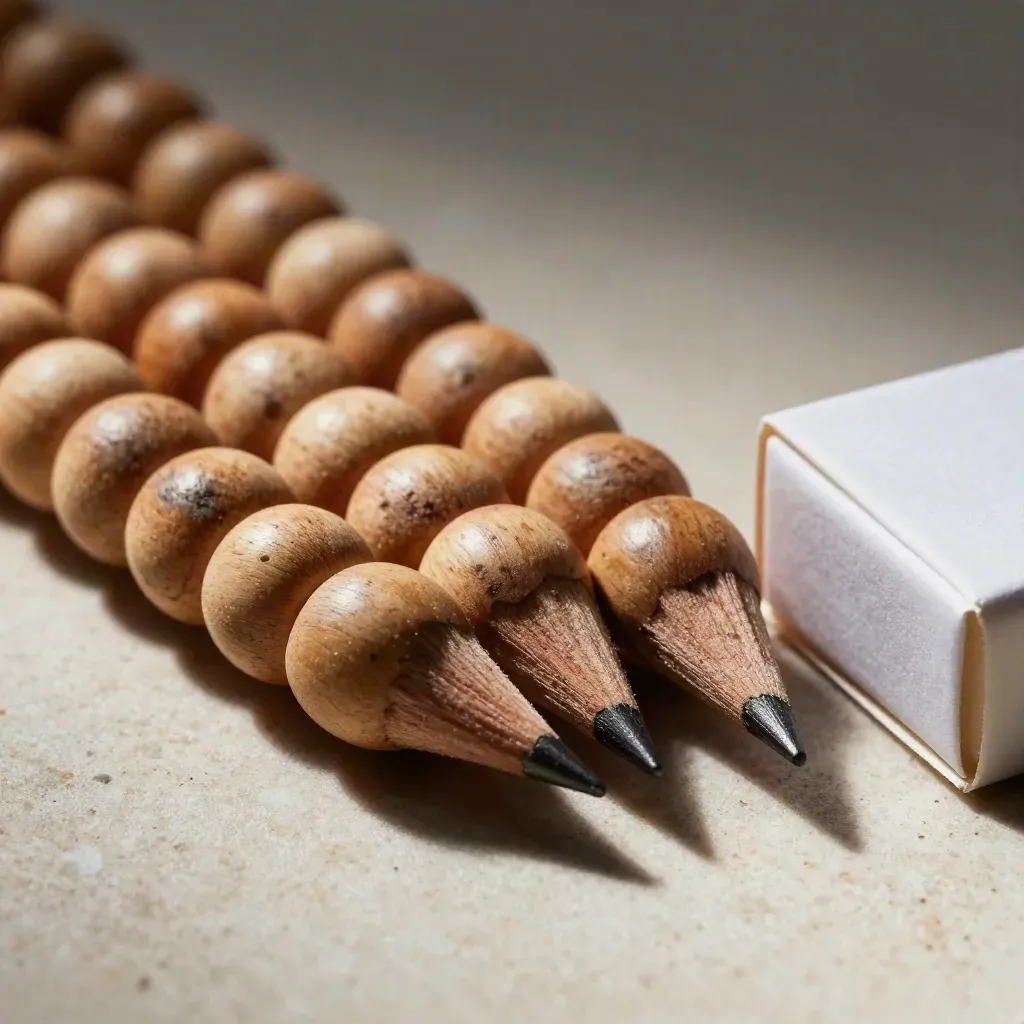 Top-down macro of wooden counting beads, graphite pencil ends and a plain card box on pale stone.