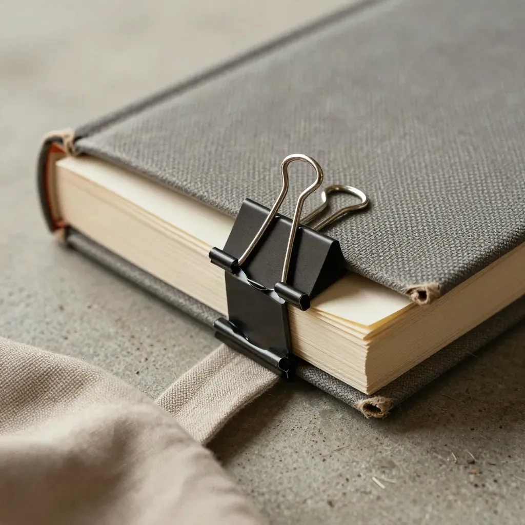 Linen notebook, revision cards, and matte binder clips on concrete in extreme macro.