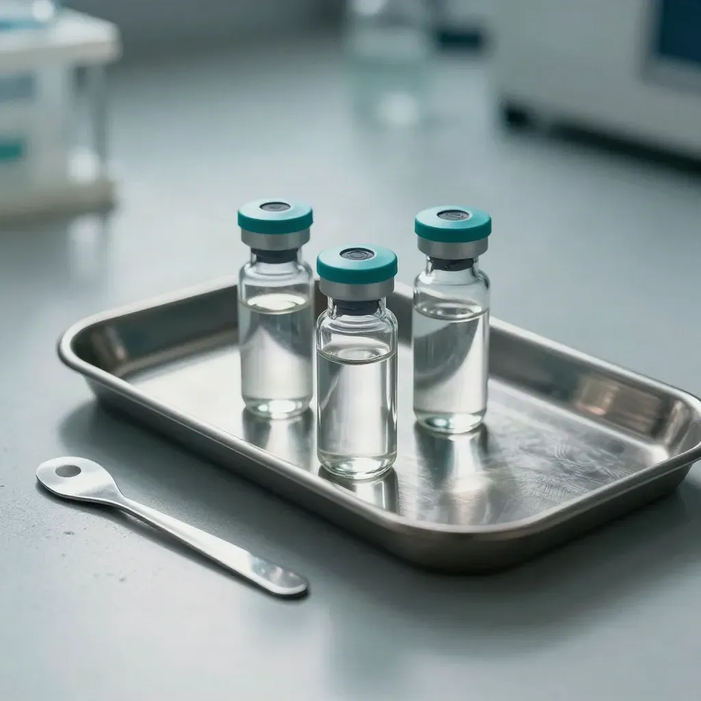 Three teal-capped glass vials and a steel spatula on a brushed tray in dramatic lab light.