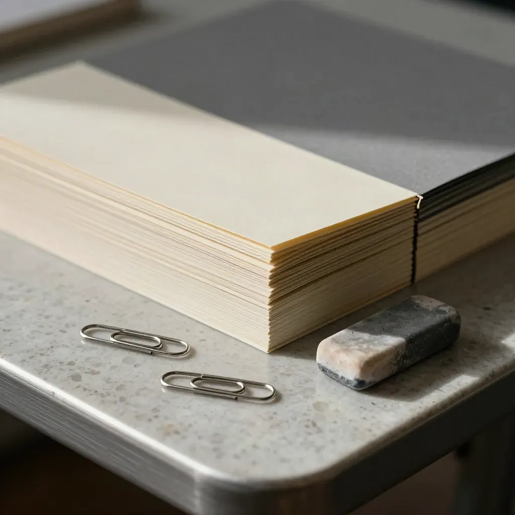 Macro still life of lesson dividers, steel clips, and a chalky eraser on travertine.