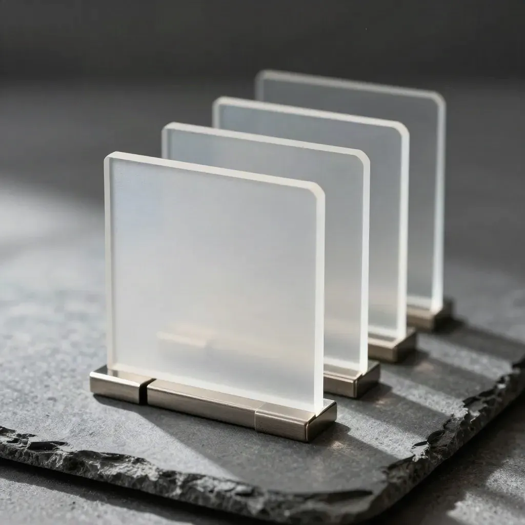 Top-down macro of blank acrylic dividers with two metal clips on graphite stone.