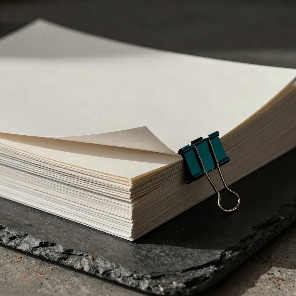 Stacked blank worksheets with a binder clip and teal cornerweight on dark stone.