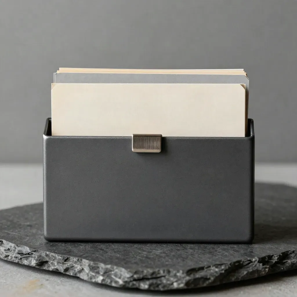Matte graphite card holder with three reference cards and a steel clip on charcoal stone.