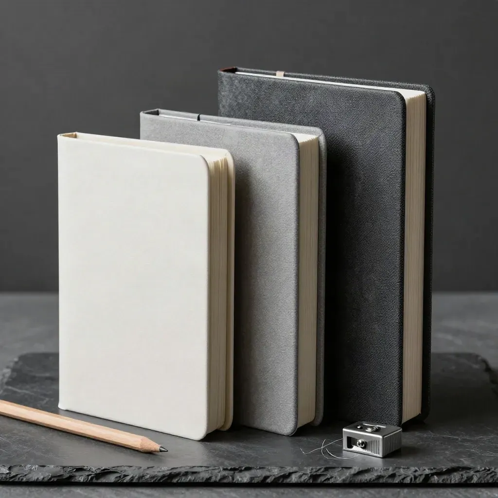 Three study notebooks, a pencil stub and metal sharpener on graphite stone, viewed from above.
