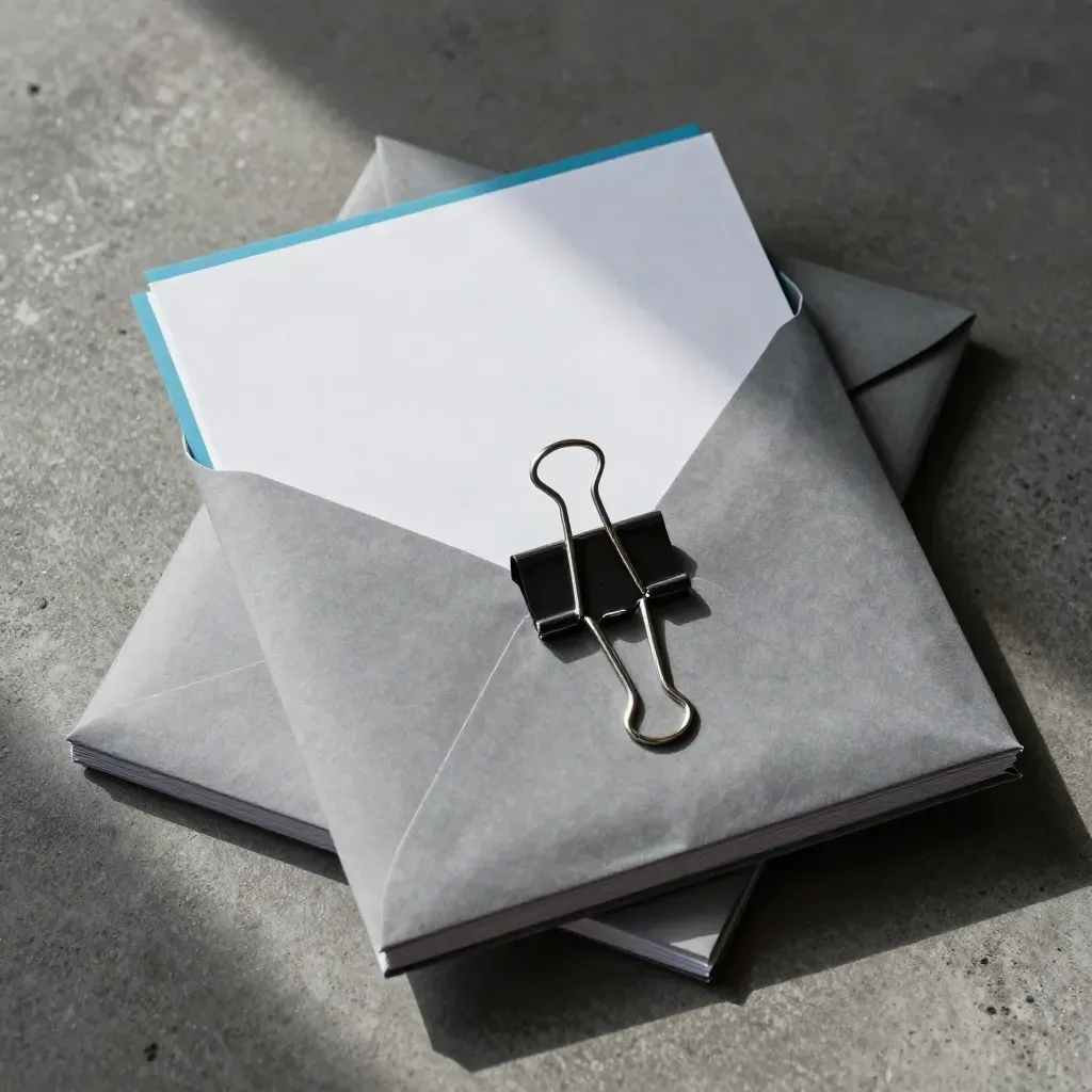 Overhead macro of handout packets, file envelope and binder clip on concrete