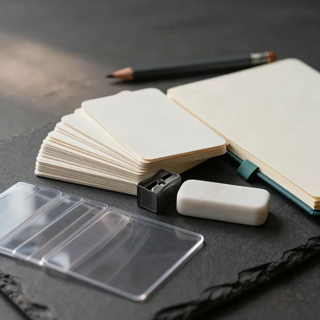 Flashcards, sharpener, eraser and notebook behind blurred card sleeves in dramatic studio light