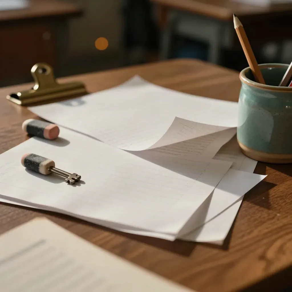 Teacher-student still life with exercise sheets, chalk erasers, brass tray and teal pencil cup
