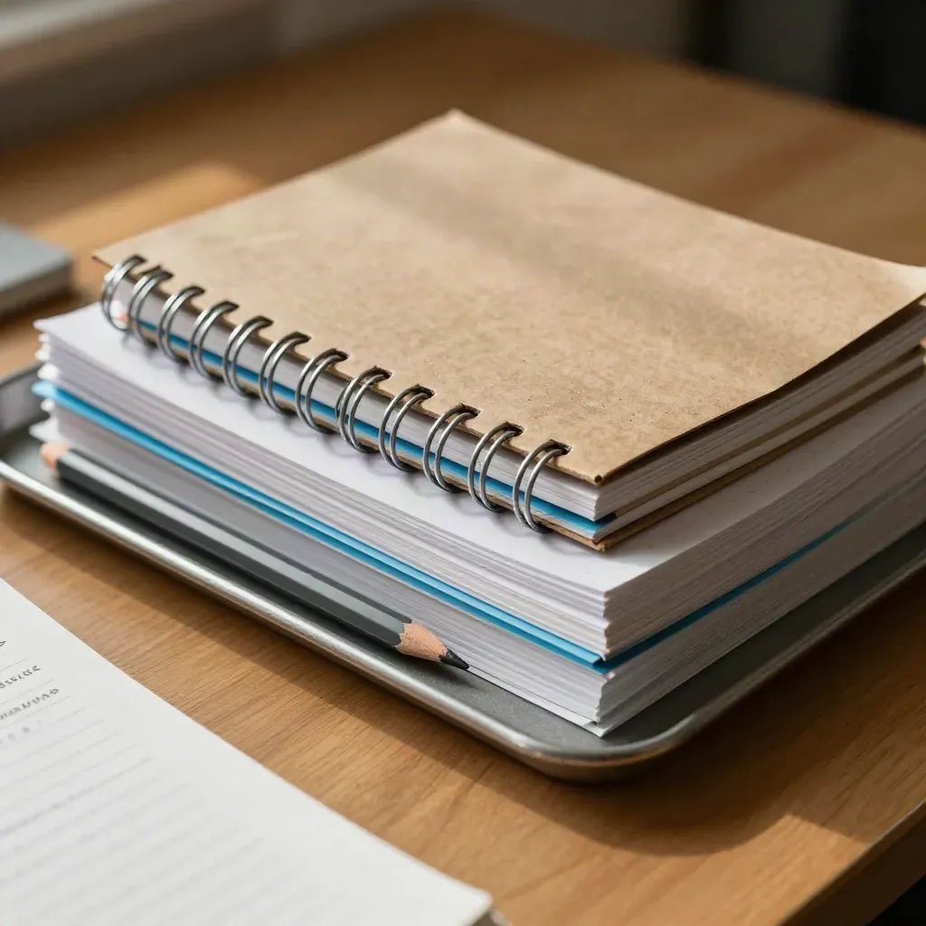 Top-down study kit with pencils, spiral notebooks, blue tabs and a metal tray.