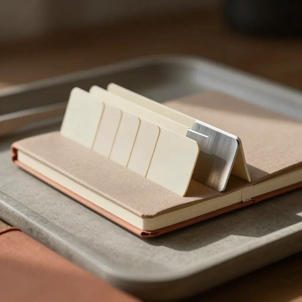 Tabs, notebook, and divider on stone-grey surface with warm directional light.