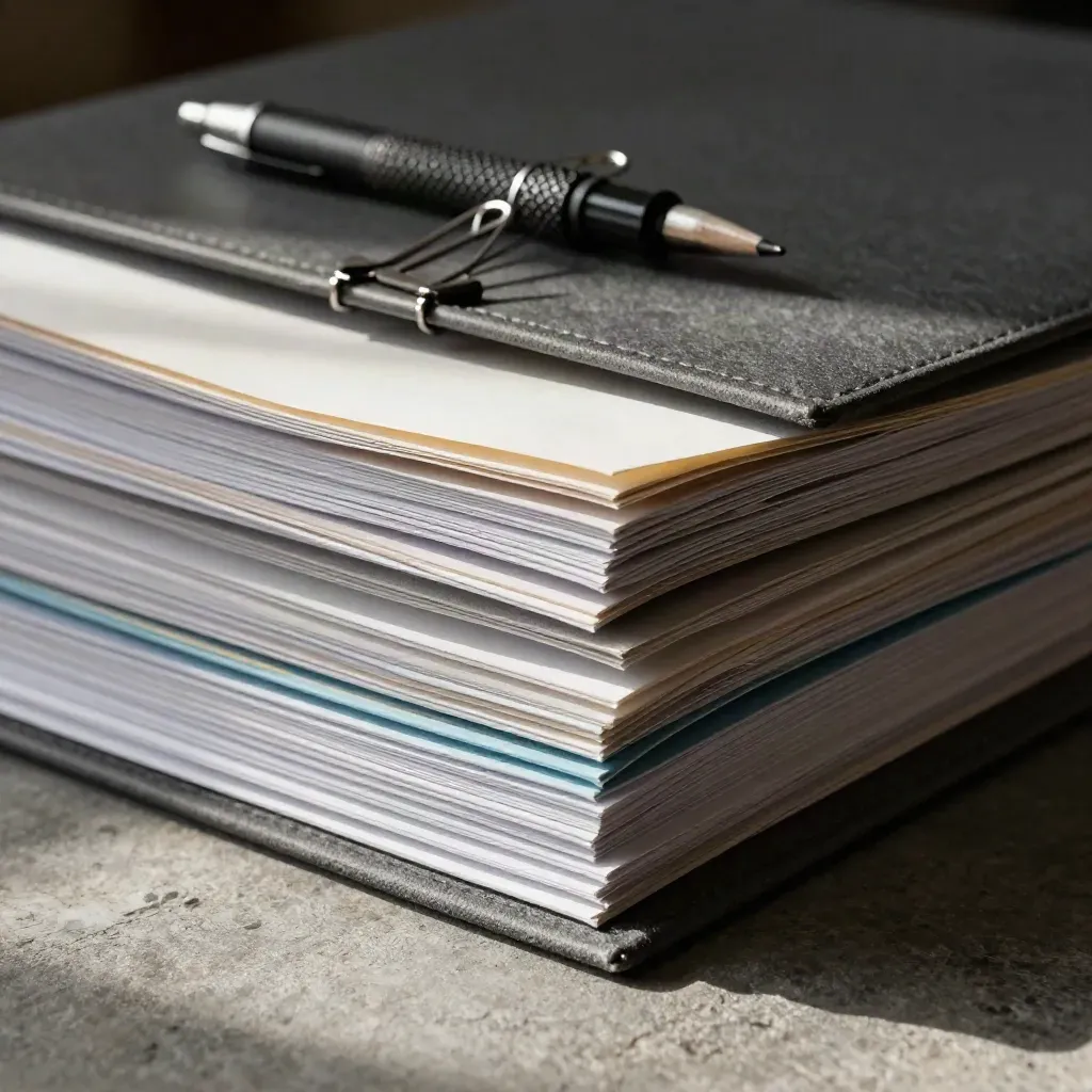 Top-down macro of folded worksheets, binder clips and pencils sliding into a folder.