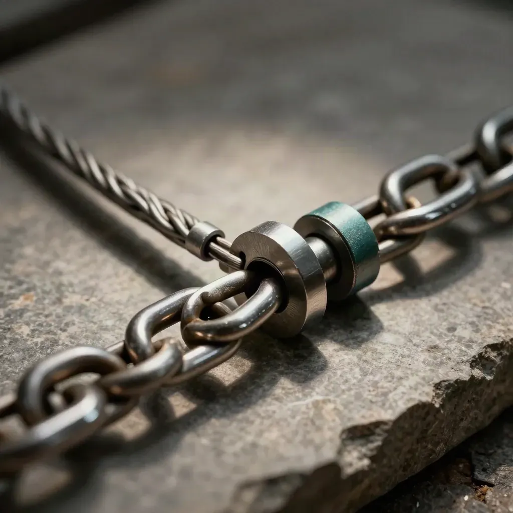 Macro still life of linked metal rings, cable loops, and a modular joiner on stone.