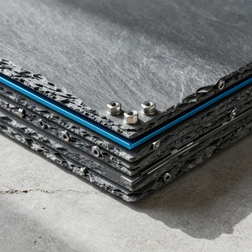 Top-down slate blocks, steel fasteners, and a blue spacer arranged in a crisp grid.