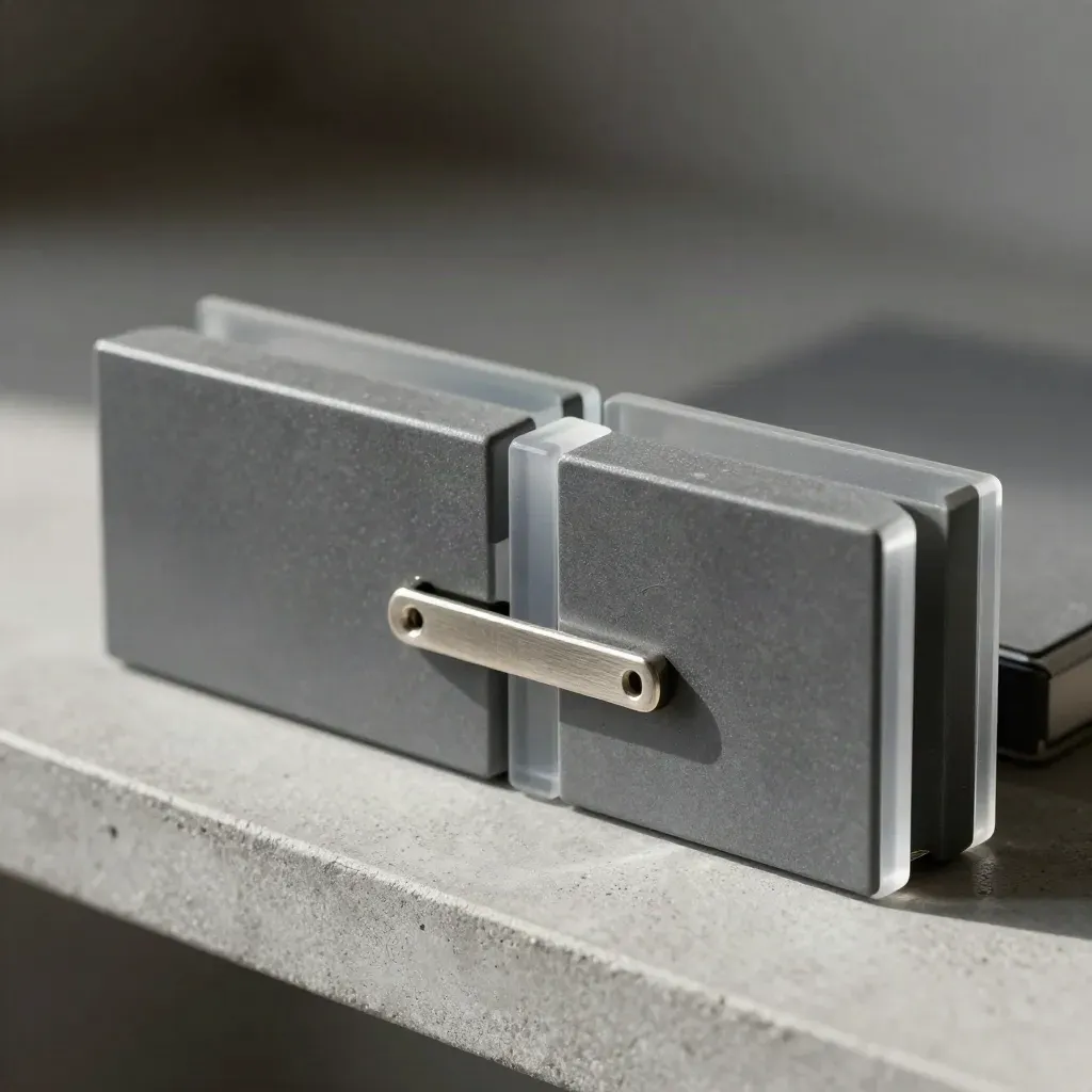 Graphite modular tiles and acrylic connectors snapping together on concrete