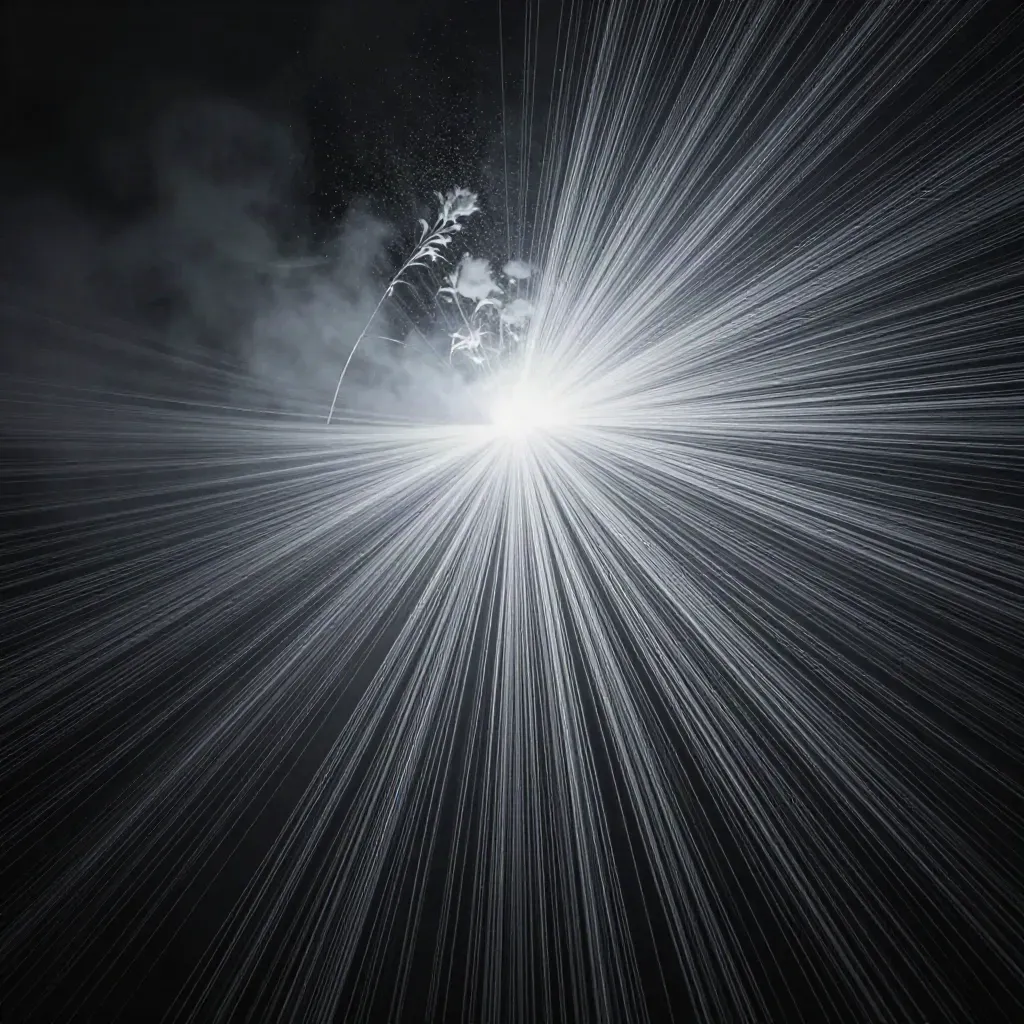 Abstract silver light filaments bloom in dark graphite mist, leaving calm space below.
