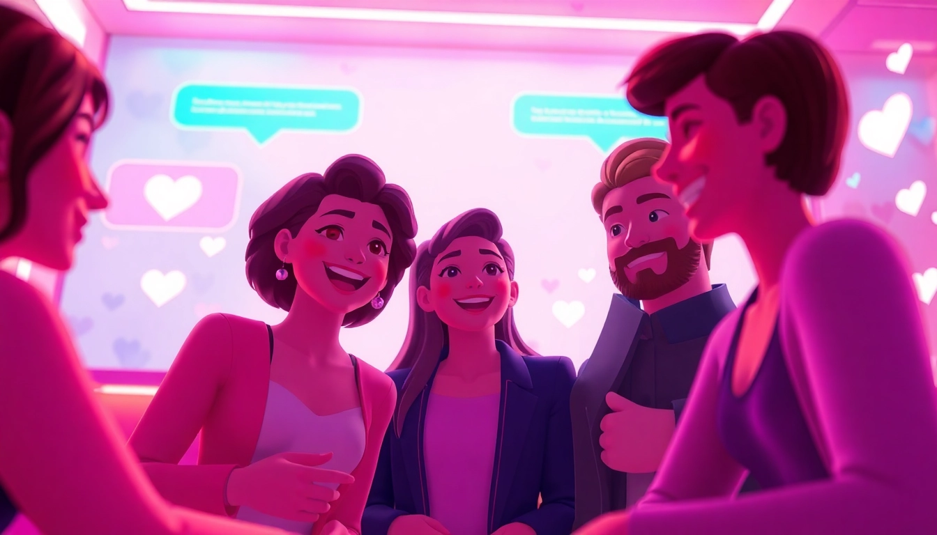Interactive and playful atmosphere of a sexchat room with diverse avatars and vibrant chat bubbles.