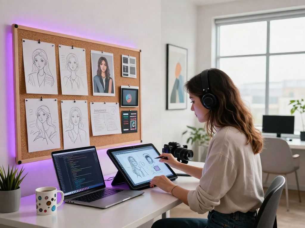 AI NSFW content creation scene with graphic designer focused on artwork in a modern studio