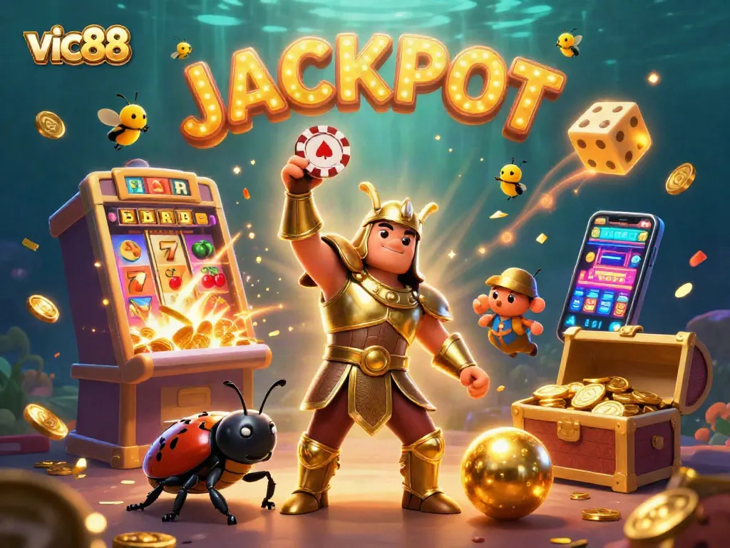 Spin the reels with vic88 and experience jackpot celebrations in a colorful casino scene.